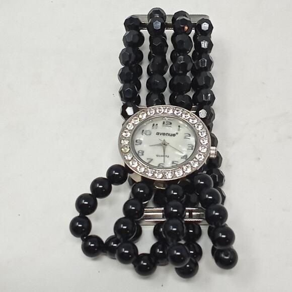 Avenue Womens Black 4 Strand Bead Bracelet Watch Mother of Pearl Face - Picture 1 of 10